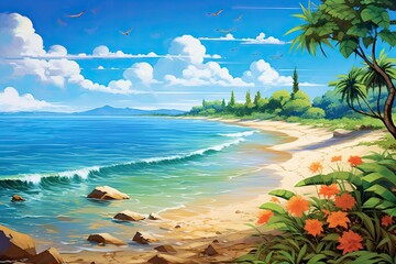 Fototapeta na wymiar Sunny Day Beach Scene: Captivating Image of a Vibrant Beach with Azure Waters