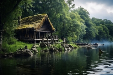 Fototapeta na wymiar Typical wooden hut cabin for fisherman in river