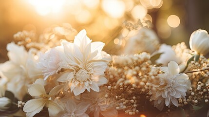 Photograph of a selection of wedding flowers on a muted background. Wedding card, jewel, gem, glamorous background, celebration, festive elegance. 