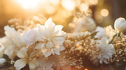 Fotobehang Photograph of a selection of wedding flowers on a muted background. Wedding card, jewel, gem, glamorous background, celebration, festive elegance.  © Dannchez