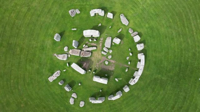 Top-down aerial view of Stonehenge, ancient monument in Wiltshire, England, UK