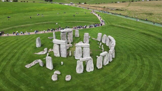 Drone shot of Stonehenge, ancient monument on Salisbury Plain in England, UK
