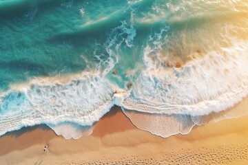 Fototapeta premium Aerial View of Tranquil and Relaxing Summer Beach Coastline in Sunlight