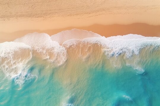 Tranquil Beach Coastline: Aerial View of Sunlit Summer Mood, Relaxing and Serene