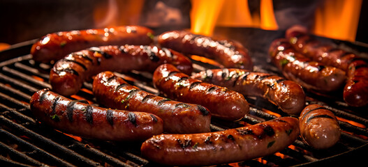 ruddy fried sausages on a dark Sausage with smoke on k grilled sausage on k juicy  sausage on grilled barbecue BBQ pork.AI Generative - obrazy, fototapety, plakaty