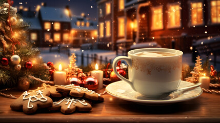 Obraz na płótnie Canvas New Year's cup of coffee on a fonet decorated street