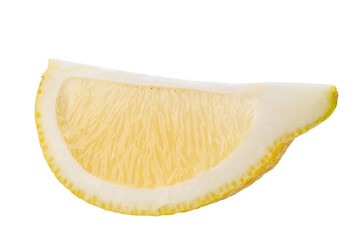 Ripe slice lemon isolated on white background, macro food photo.