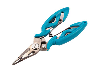 Tackle pliers for fishing blue color isolated on white background.