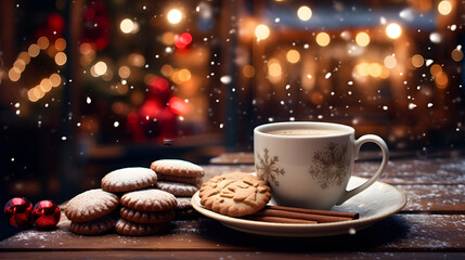 Obraz premium New Year's cup of coffee on a fonet decorated street