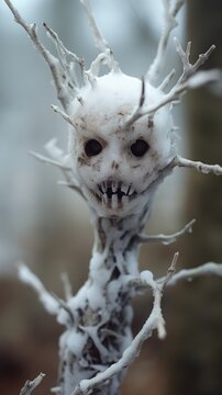 A creepy looking snowman with a face made out of branches, AI