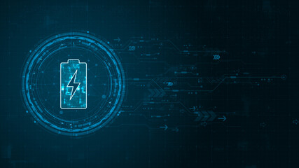 Blue digital battery logo and circle futuristic HUD elements with flowing arrows with power reserve concepts on abstract background
