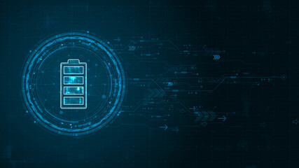Blue digital battery logo and circle futuristic HUD elements with flowing arrows with power reserve concepts on abstract background