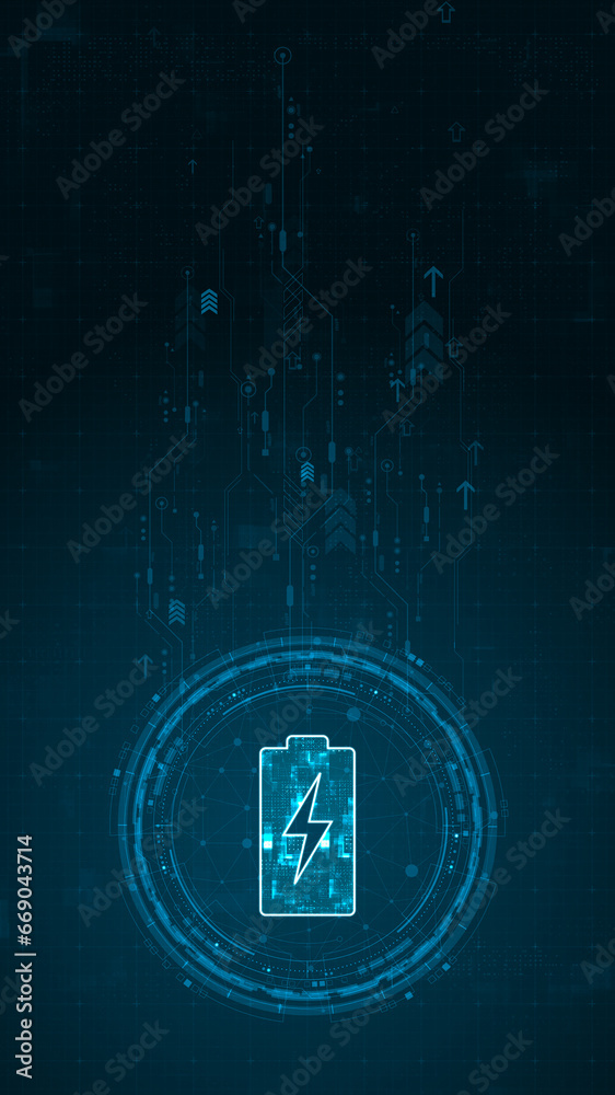 Wall mural blue digital battery logo and circle futuristic hud elements with flowing arrows with power reserve 