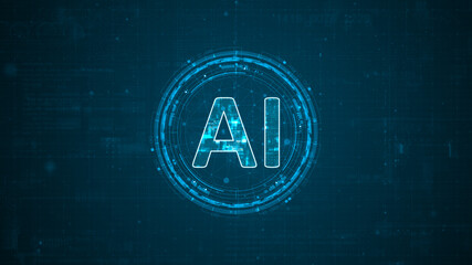 Blue digital AI letter and circle futuristic HUD elements with flowing arrows with Ai chatbot and machine learning technology and ai assistance concepts on abstract background