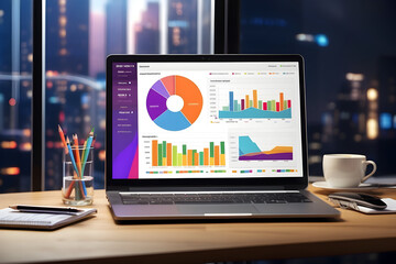 Analyst uses a laptop Showing business analytics dashboard with charts, metrics, and KPI for operations management.Data analysis.sales, marketing. Generative AI - obrazy, fototapety, plakaty