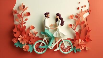 Happy couple is riding a bicycle together and holding