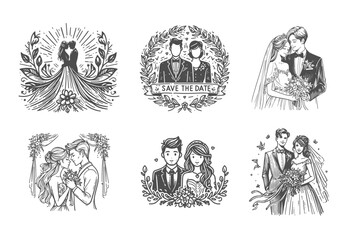 Minimal bride and groom wedding icon set - vector illustration.
