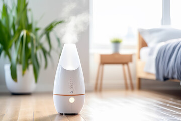 Close up of humidifier with smoke on bedroom in background of modern house. Health concept of drying and moisture. - obrazy, fototapety, plakaty