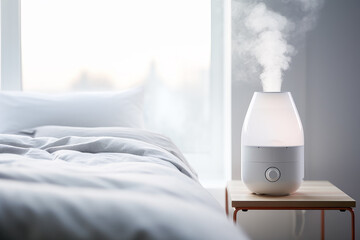 Close up of humidifier with smoke on bedroom in background of modern house. Health concept of drying and moisture. - obrazy, fototapety, plakaty