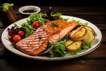 Seared salmon steak with fried potatoes and fresh vegetable salad served on wooden table