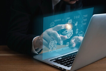 Artificial Intelligence, Chatbot Chat with AI,man using technology smart robot AI, Ai , businessman using technology Global Internet connect Chatgpt Chat with AI, Futuristic technology transformation.