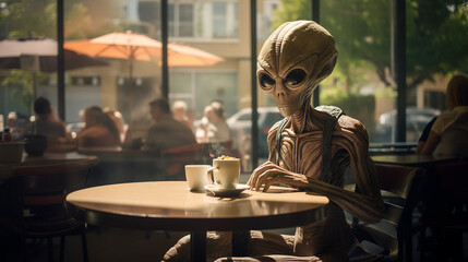 An alien having a coffee in a sunny cafe