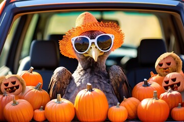 Thanksgiving turkey bird with sunglasses looking out of a car filed with pumpkin. - obrazy, fototapety, plakaty