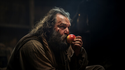 Thoughtful and dirty man eating an apple
