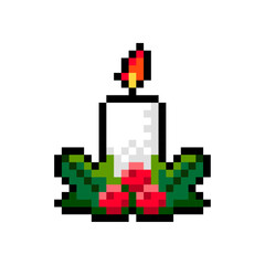 Burning candle with holly leaves and berries pixel icon isolated on white background. Christmas symbol in 16-bit old style. Vector illustration of New Year elements.