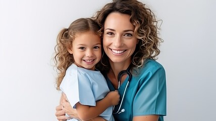 friendly curly smiling good doctor supporting her kid patient during health checkup. Happy female pediatrician hugs curly child girl on white background with copy space. ai.