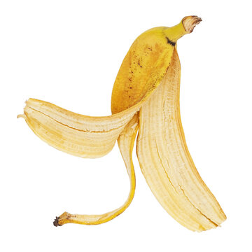 Peel of one banana on a white and transparent background. PNG. Side view.