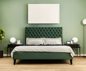 3d rendering vintage minimal mock up bedroom with green background
