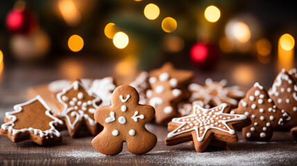 Fototapeta na wymiar Homemade gingerbread cookies in various festive shapes, Christmas party, blurred background, with copy space