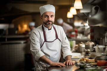 A senior male chef in uniform standing at a kitchen restaurant