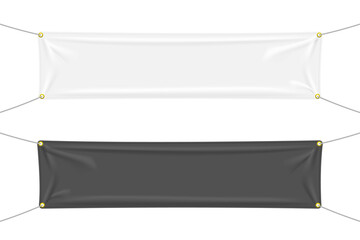 White and black textile banners with folds. Blank hanging fabric template collection. Png clipart...
