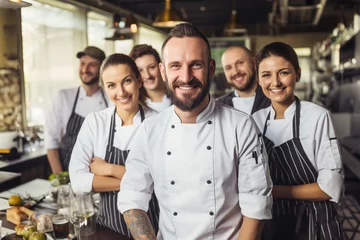 Gordijnen Portrait of chef standing with his team on background in commercial kitchen at restaurant © uv_group