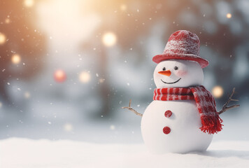 Fototapeta premium Smiling happy snowman in winter scenery and Christmas lights with copy space
