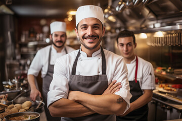 Portrait of chef standing with his team on background in commercial kitchen at restaurant