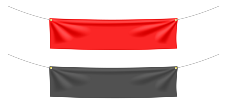 Red and black textile banners with folds. Blank hanging fabric template collection. Png clipart isolated on transparent background