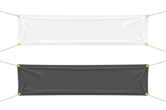 White and black textile banners with folds. Blank hanging fabric template collection. Png clipart isolated on transparent background