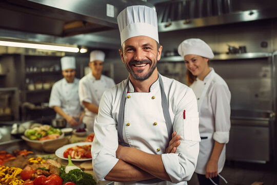 Portrait of chef standing with his team on background in commercial kitchen at restaurant