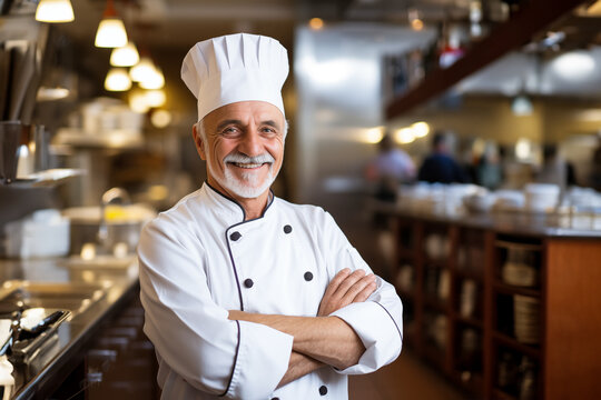 A senior male chef in uniform standing at a kitchen restaurant - Powered by Adobe