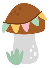 Mushroom with color triangle flag. Forest party decoration