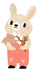 Lovely bunny with blossom branch. Cute baby rabbit