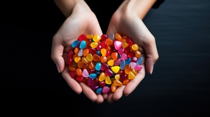 hands forming a heart symbol using colorful candies against a backdrop for Human Rights Day. The image offers empty space for additional elements or text related to the occasion