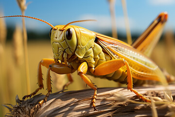Green grasshoppers eat leaves