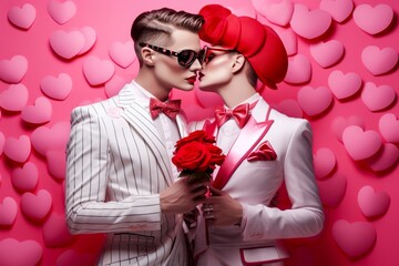 Couple de femmes lesbiennes, un bouquet de fleurs à la main, s'embrassant pour la Saint-Valentin, arrière-plan rose avec des cœurs.