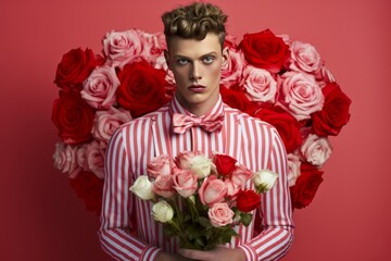 Portrait tendance d'un homme en costume à rayures roses et un noeud papillon, avec un bouquet de rose dans les  mains.