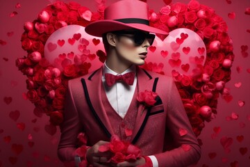 Portrait d'un homme tendance en costume rose et noeud papillon sur fond rose avec des cœurs. - obrazy, fototapety, plakaty