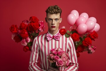 Portrait d'un homme habillé en costume rose à rayures avec ballons et bouquets de roses.
